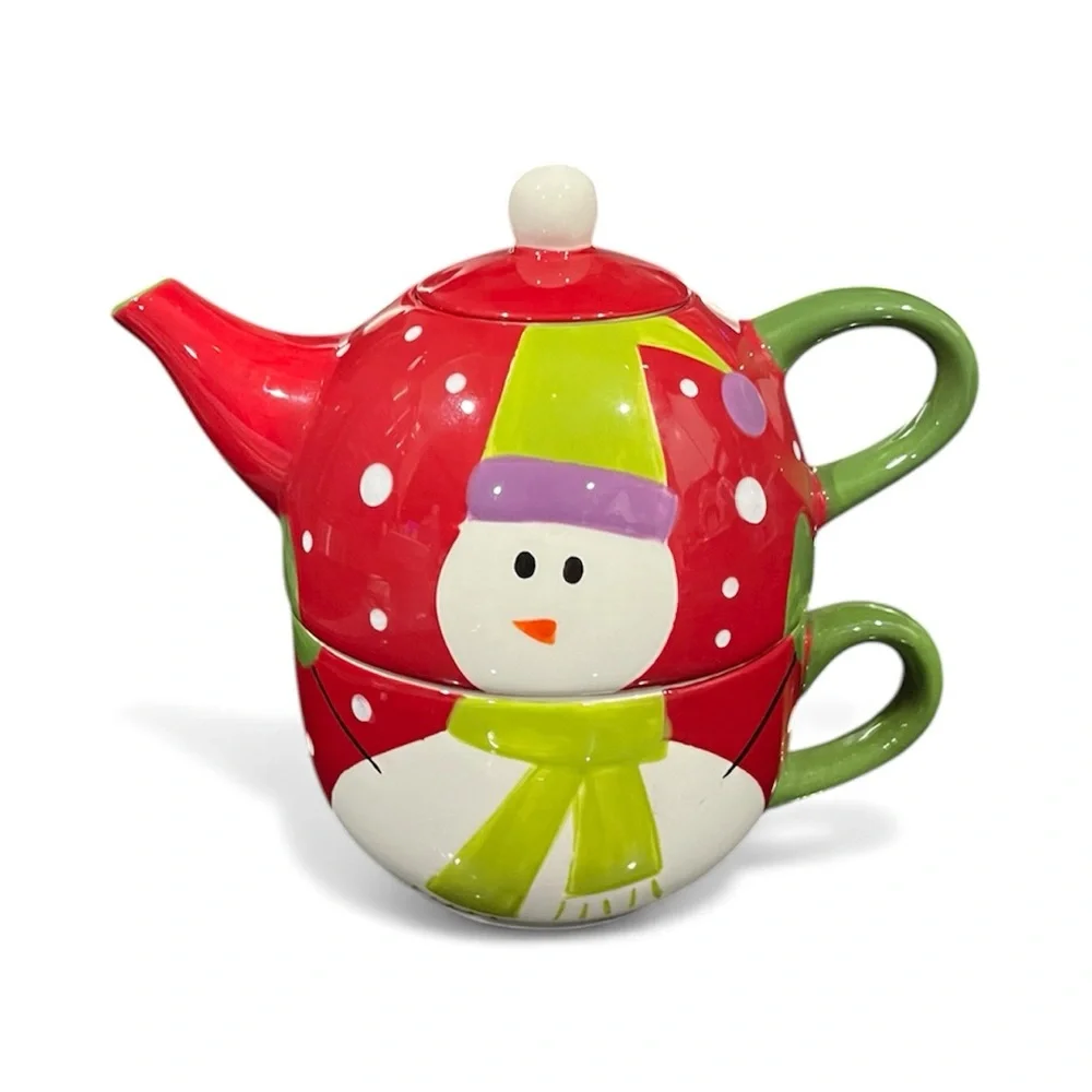 Pier 1 Imports SNOWBALL Snowman Ceramic Tea Pot Tea For One Winter Christmas